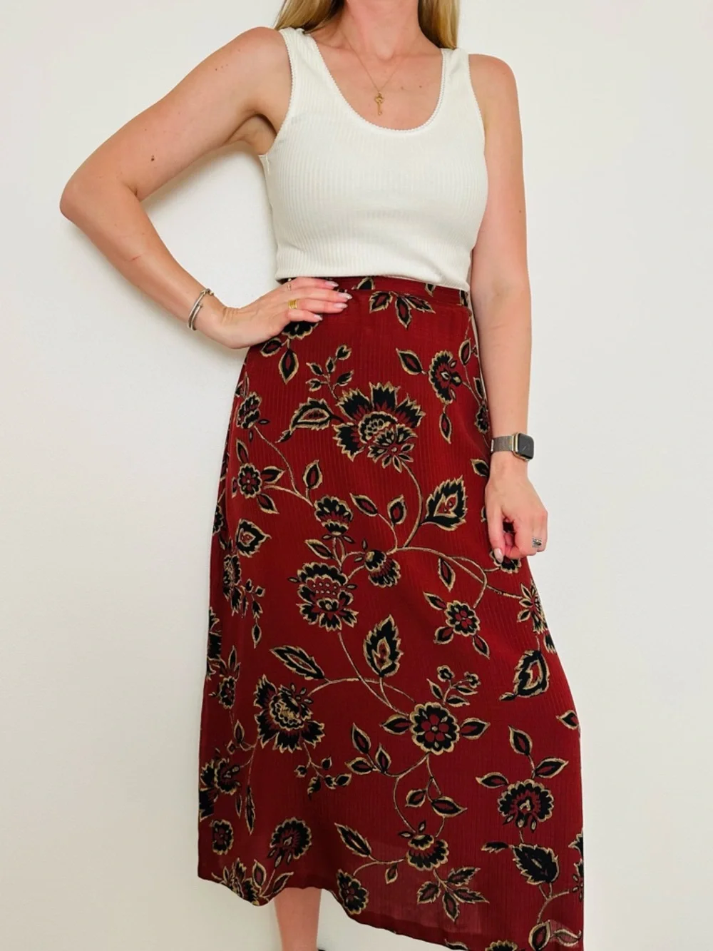 Vintage Jones New York 100% Silk Floral Maxi Skirt Red Black Boho Size 14 - Picture 3 of 10